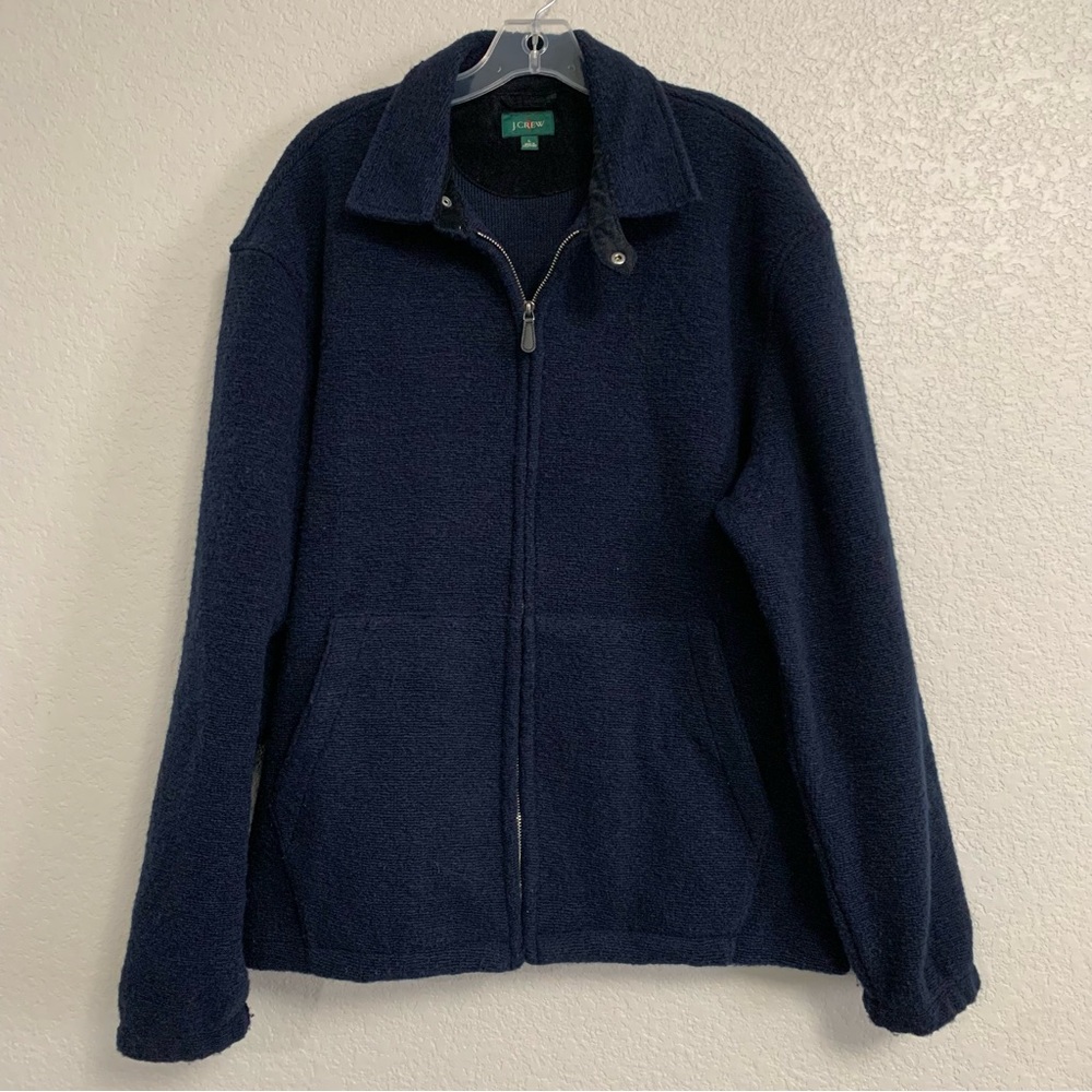 J Crew Oarsman Sweater Fleece Jacket Mens L Wool Blend Full Zip Navy Blue Preppy